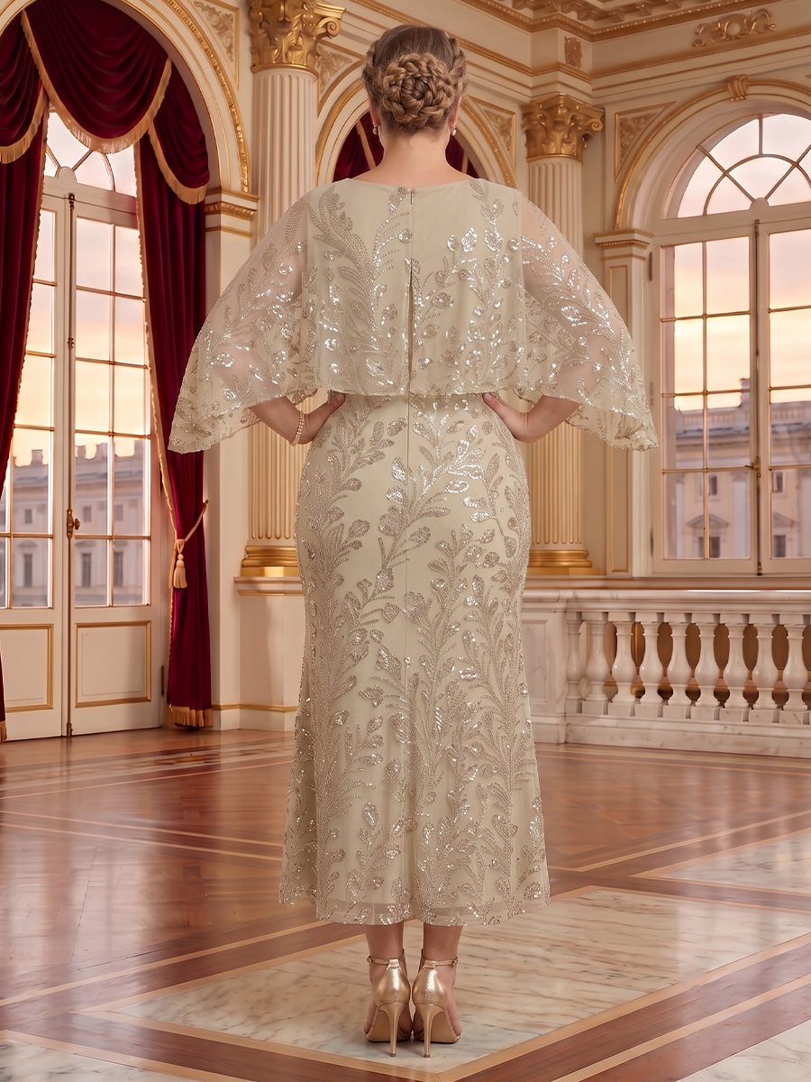 Tea Length Plus Size Jewel Neck Mermaid Mother of the Bride/Groom Dresses with Cape