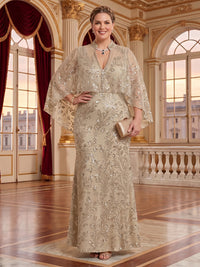 Tulle Stand Collar Plus Size Floor Length Mermaid Mother of the Bride/Groom Dresses with Cape