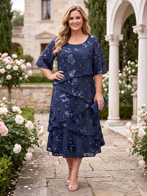 Chiffon Plus Size Jewel Short Sleeves Mother of the Bride/Groom Dresses