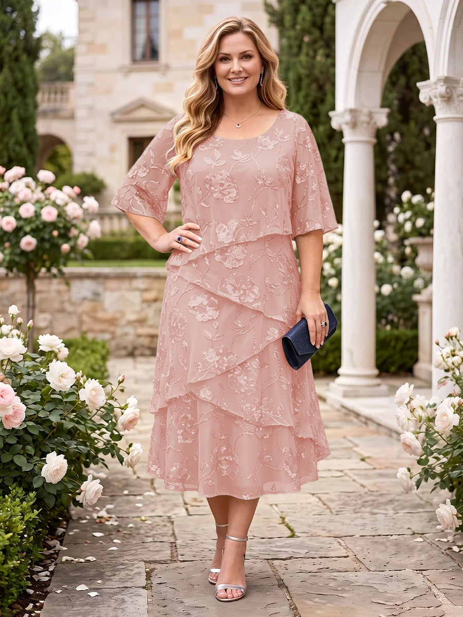 Chiffon Plus Size Jewel Short Sleeves Mother of the Bride/Groom Dresses