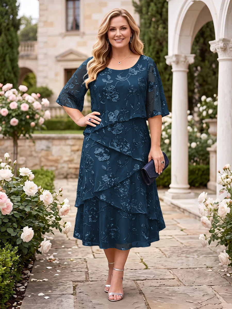 Chiffon Plus Size Jewel Short Sleeves Mother of the Bride/Groom Dresses