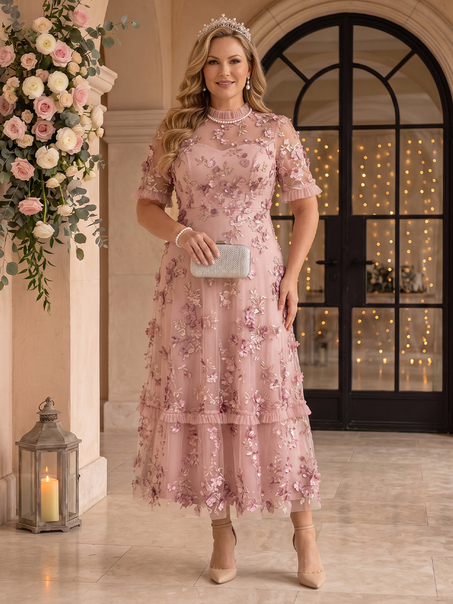 Tulle Ruffled Mock Neck Plus Size A Line Tea Length Mother of the Bride/Groom Dresses