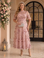 Tulle Ruffled Mock Neck Plus Size A Line Tea Length Mother of the Bride/Groom Dresses