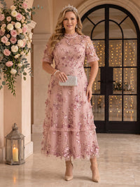 Tulle Ruffled Mock Neck Plus Size A Line Tea Length Mother of the Bride/Groom Dresses