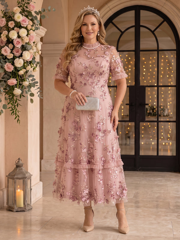 Tulle Ruffled Mock Neck Plus Size A Line Tea Length Mother of the Bride/Groom Dresses