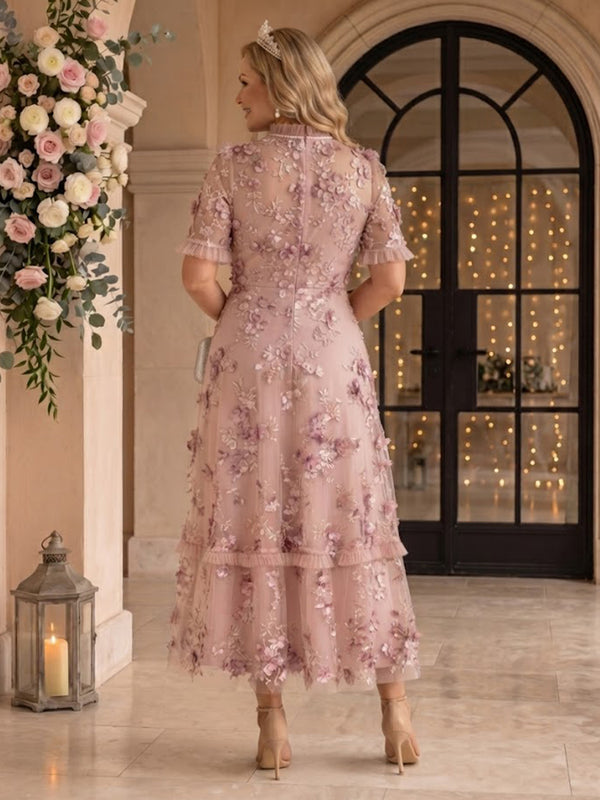 Tulle Ruffled Mock Neck Plus Size A Line Tea Length Mother of the Bride/Groom Dresses