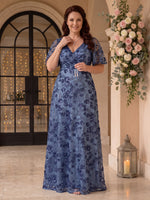 A Line V Neck Plus Size Short Sleeves Floor Length Mother of the Bride/Groom Dresses