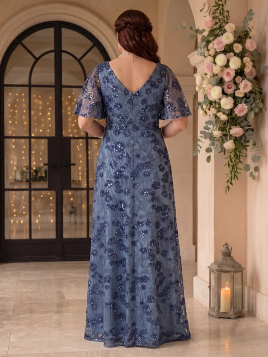 A Line V Neck Plus Size Short Sleeves Floor Length Mother of the Bride/Groom Dresses
