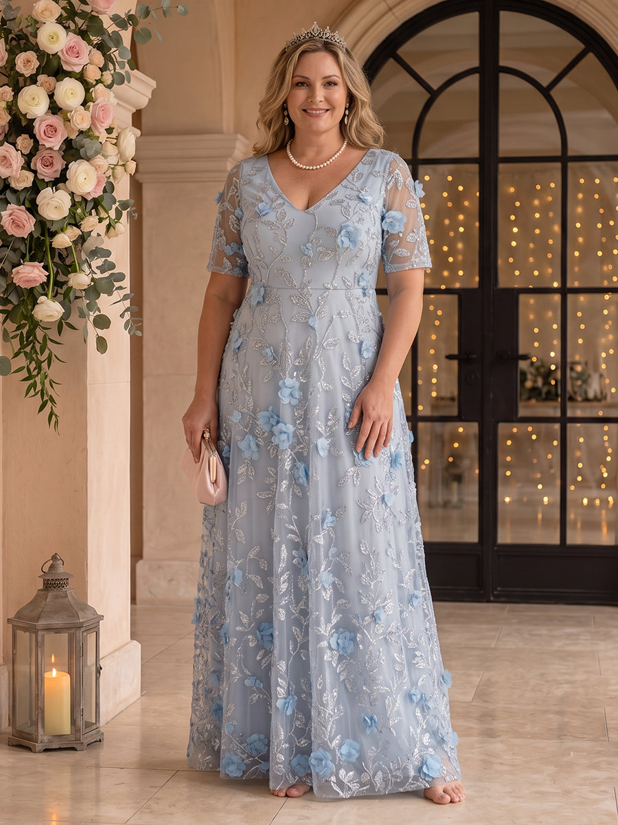 A Line Tulle Plus Size V Neck Floor Length Mother of the Bride/Groom Dresses