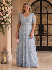 A Line Tulle Plus Size V Neck Floor Length Mother of the Bride/Groom Dresses