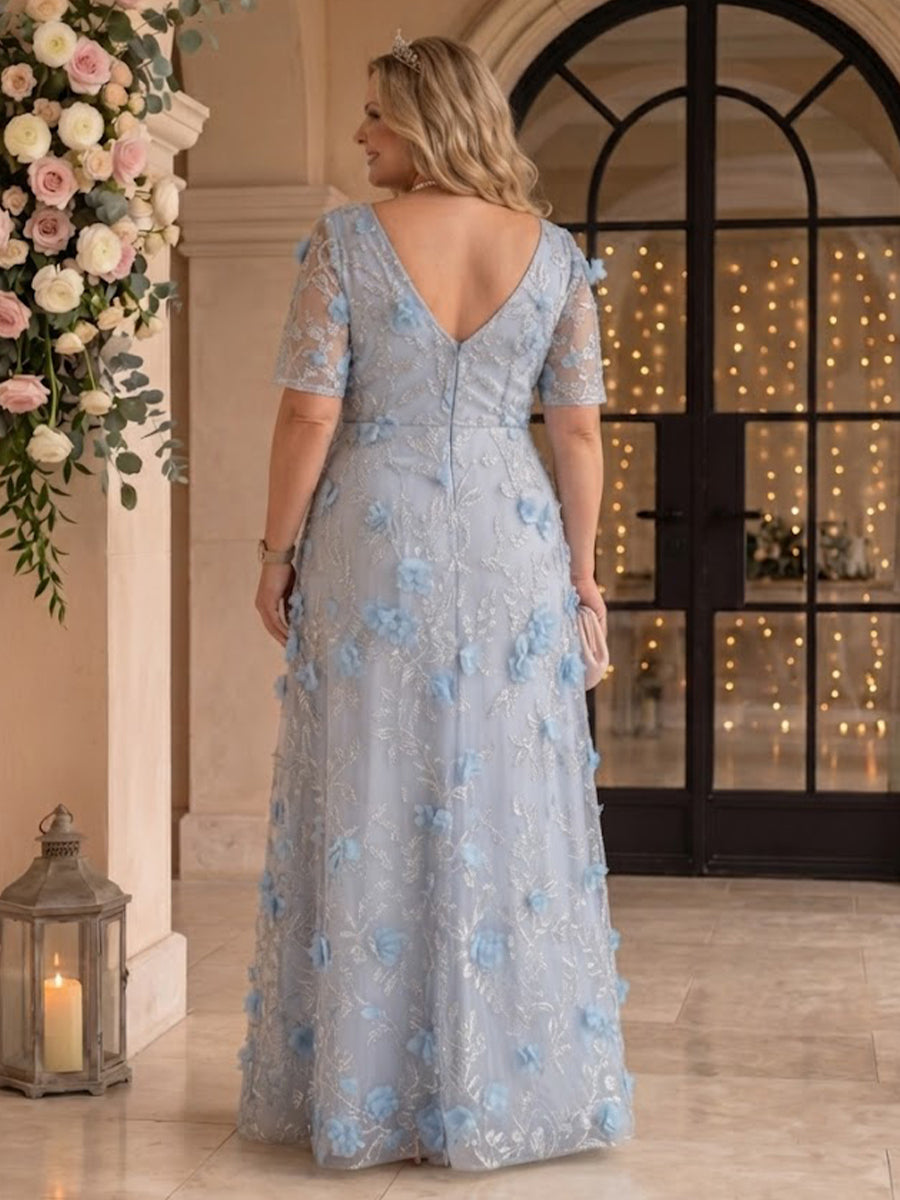 A Line Tulle Plus Size V Neck Floor Length Mother of the Bride/Groom Dresses