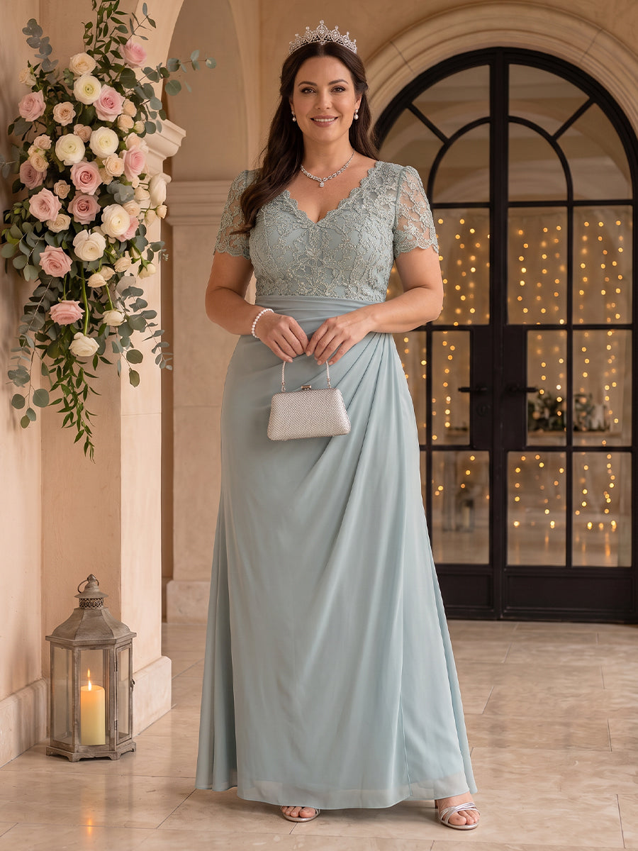Chiffon Plus Size A Line Floor Length Short Sleeves Mother of the Bride/Groom Dresses