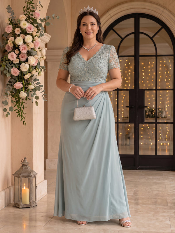 Chiffon Plus Size A Line Floor Length Short Sleeves Mother of the Bride/Groom Dresses