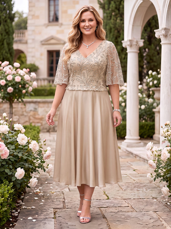 V Neck Sequin Plus Size A Line Tea Length Half Sleeves Mother of the Bride Dresses