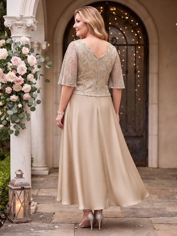 V Neck Sequin Plus Size A Line Tea Length Half Sleeves Mother of the Bride Dresses