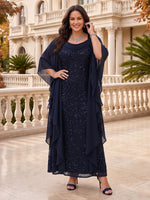Plus Size Jewel  Sequin Mother of the Bride/Groom Dresses with Cap Short Sleeves Ruffle Floor Length A Line