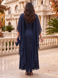 Plus Size Jewel  Sequin Mother of the Bride/Groom Dresses with Cap Short Sleeves Ruffle Floor Length A Line