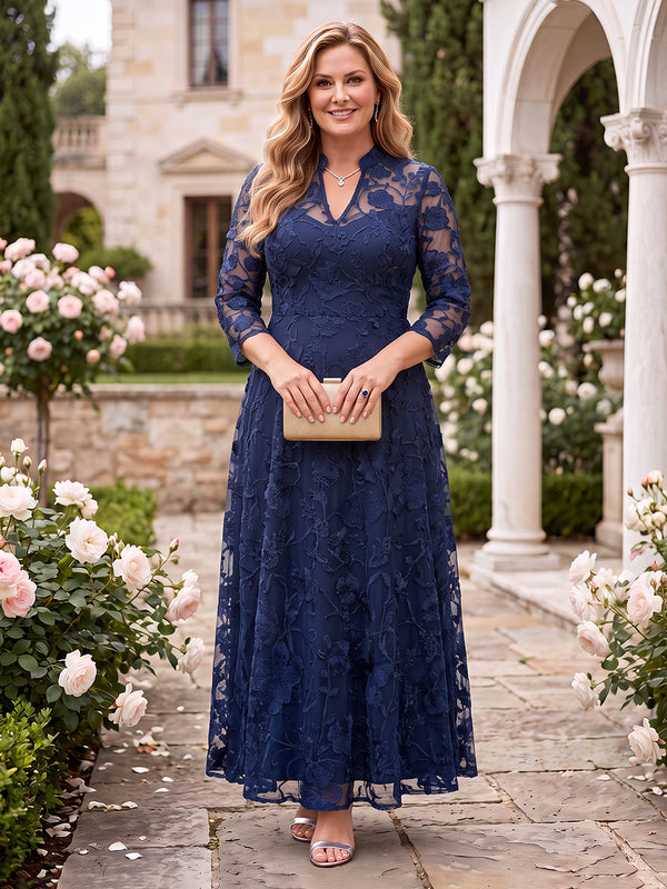Stand Collar Lace Plus Size A Line Floor Length Mother of the Bride Dresses