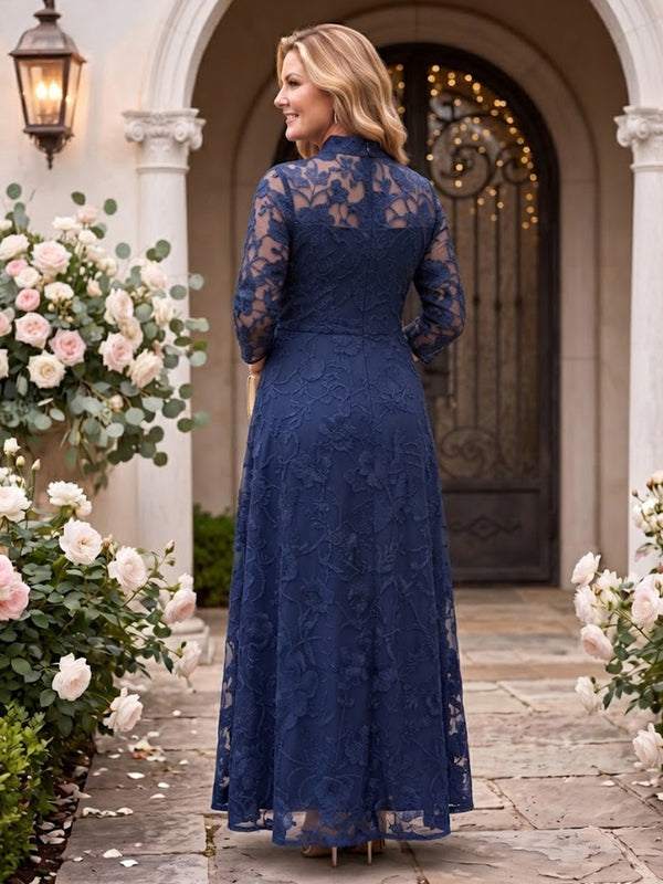 Stand Collar Lace Plus Size A Line Floor Length Mother of the Bride Dresses