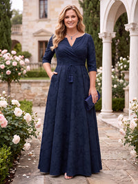 Jacquard Mini V Neck Plus Size A Line Floor Length Mother of the Bride Dresses