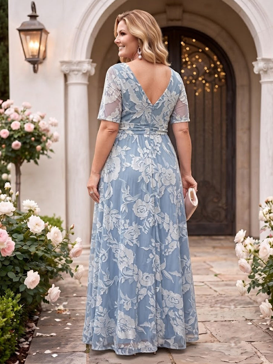 Jacquard V Neck Plus Size A Line Floor Length Mother of the Bride Dresses