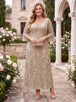 A Line Sequin V Neck Plus Size Ankle Length Mother of the Bride Dresses