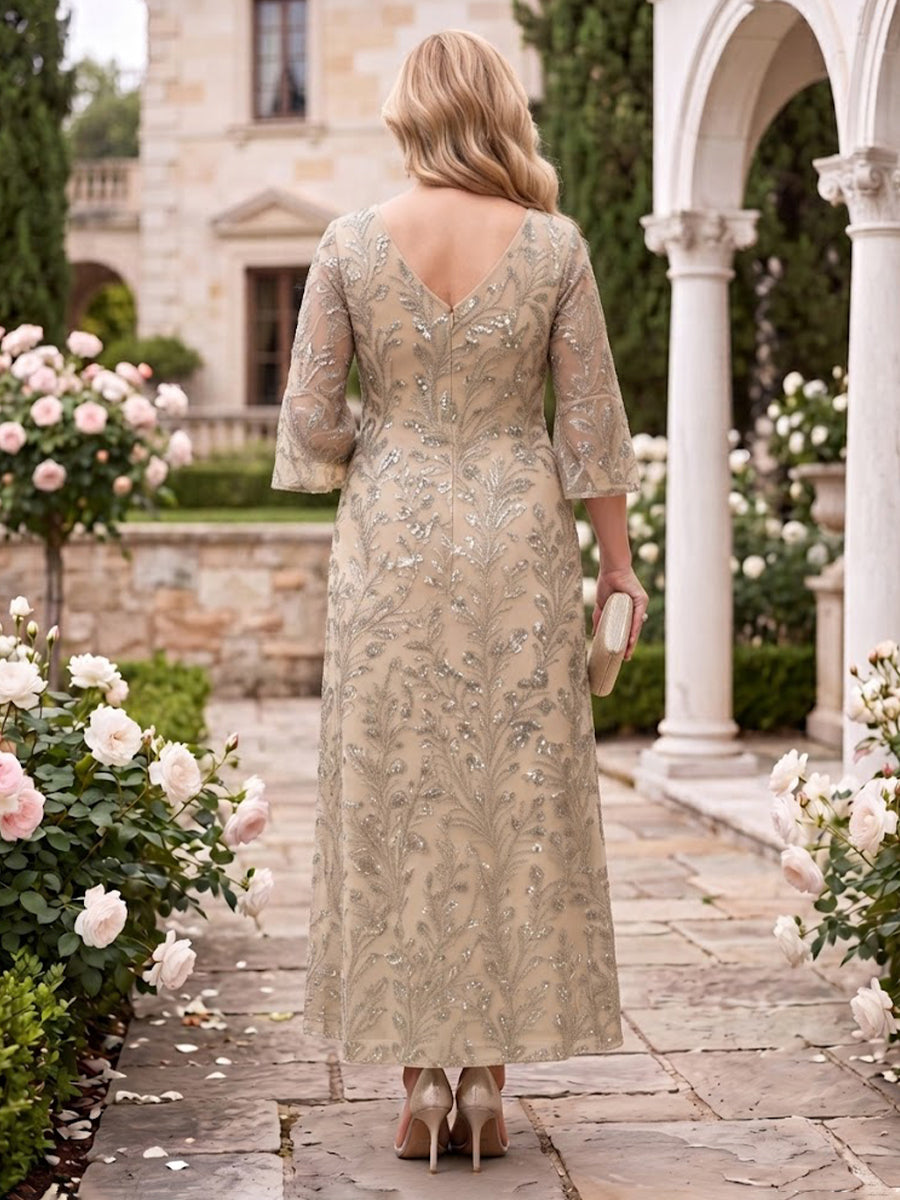 A Line Sequin V Neck Plus Size Ankle Length Mother of the Bride Dresses