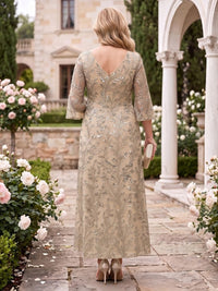 A Line Sequin V Neck Plus Size Ankle Length Mother of the Bride Dresses