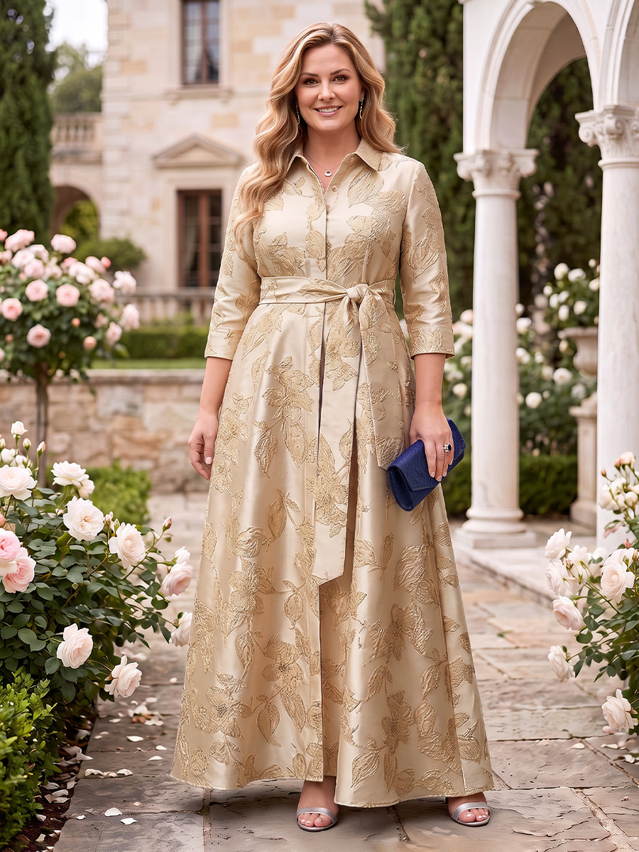 A Line Jacquard Revere Collar Plus Size Floor Length Mother of the Bride Dresses