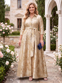 A Line Jacquard Revere Collar Plus Size Floor Length Mother of the Bride Dresses