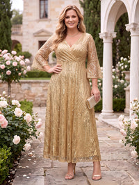 Sequin A Line Plus Size V Neck Ankle Length Mother of the Bride Dresses