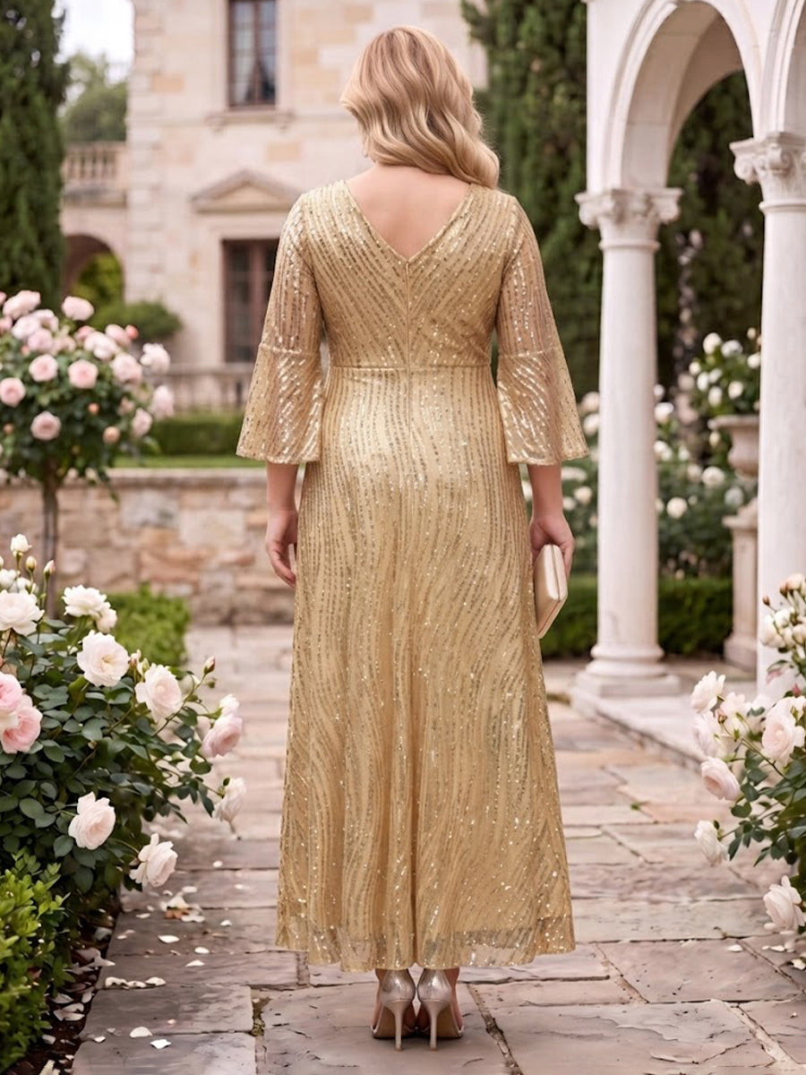 Sequin A Line Plus Size V Neck Ankle Length Mother of the Bride Dresses