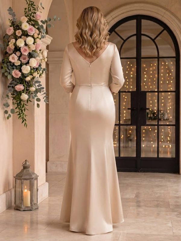 Side Ruched Waist Plus Size Mermaid Satin Floor Length Mother of the Bride/Groom Dresses