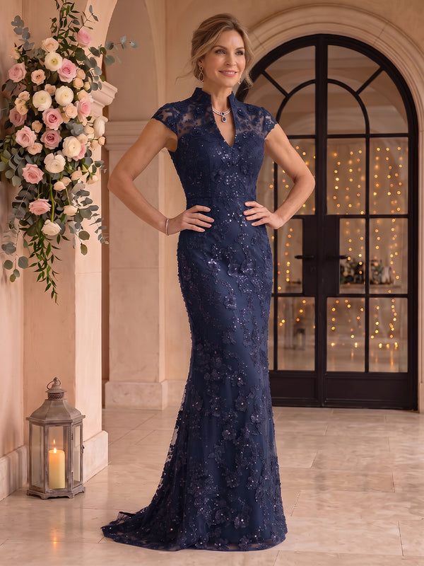 Cap Sleeves Sequin Mermaid Stand Collar Floor Length Mother of the Bride/Groom Dresses