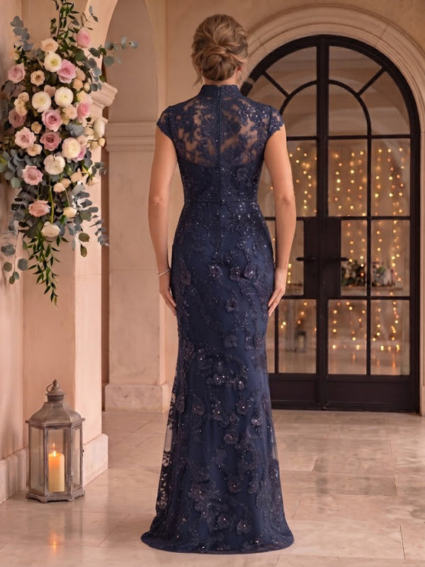 Cap Sleeves Sequin Mermaid Stand Collar Floor Length Mother of the Bride/Groom Dresses
