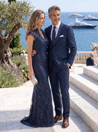 Cap Sleeves Sequin Mermaid Stand Collar Floor Length Mother of the Bride/Groom Dresses