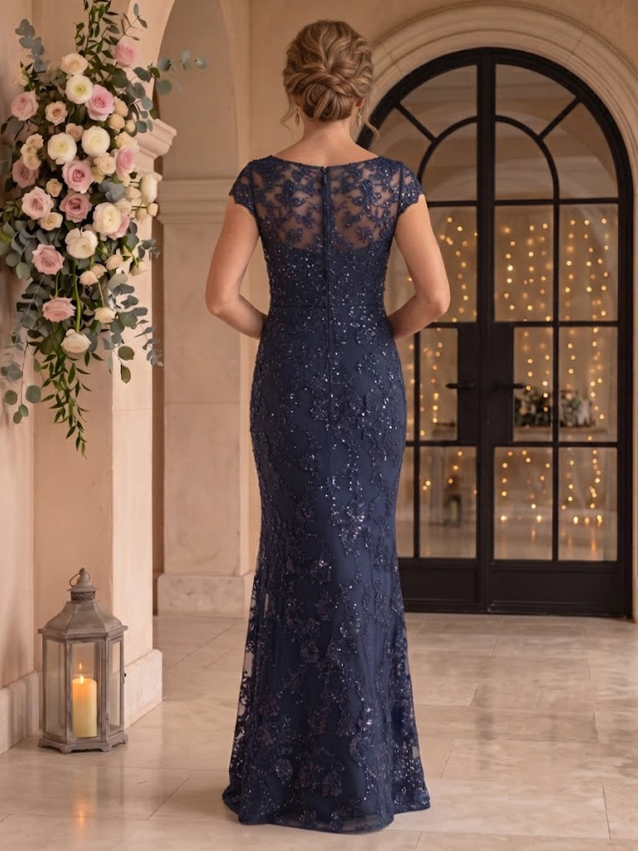 Jewel Sequin Cap Sleeves Mermaid Floor Length Mother of the Bride/Groom Dresses