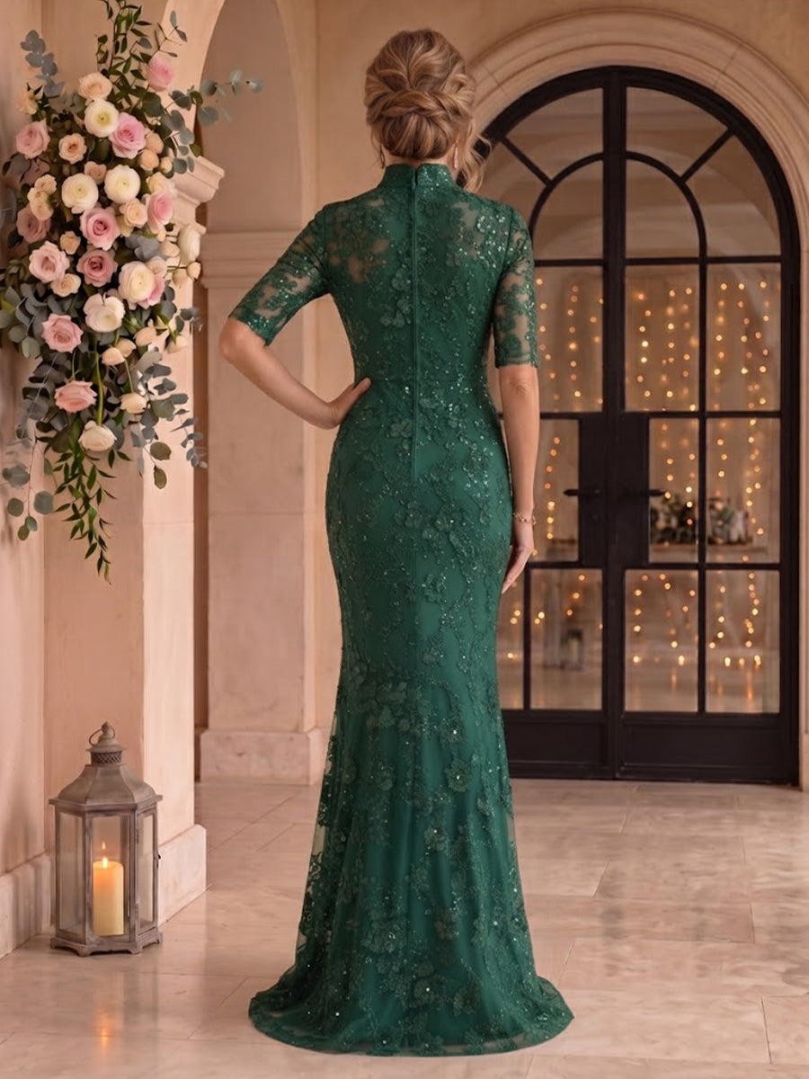 Stand Collar Sequin Mermaid Floor Length Mother of the Bride/Groom Dresses