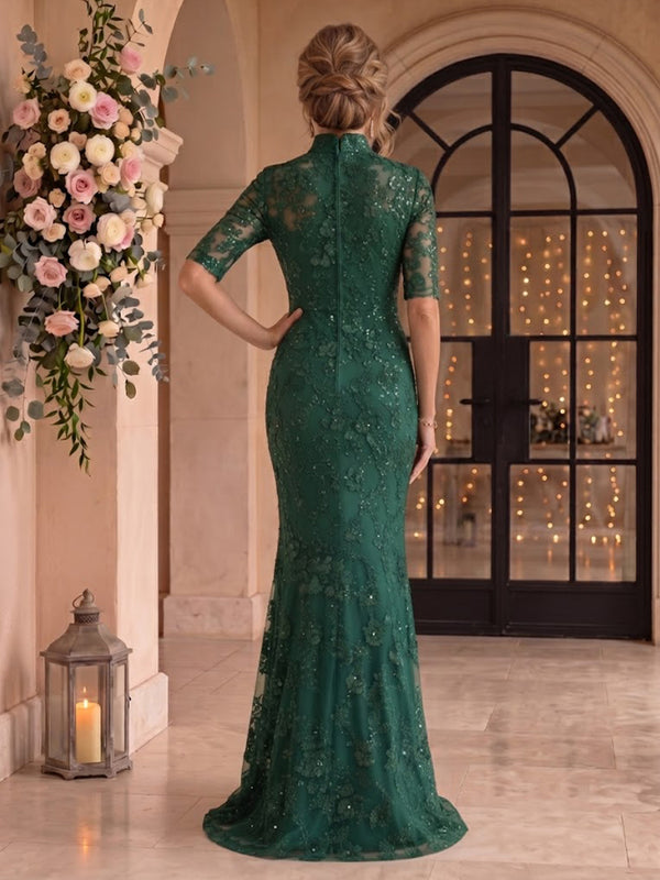 Stand Collar Sequin Mermaid Floor Length Mother of the Bride/Groom Dresses