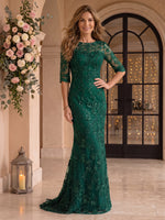 Jewel Sequin Half Sleeves Mermaid Floor Length Mother of the Bride/Groom Dresses