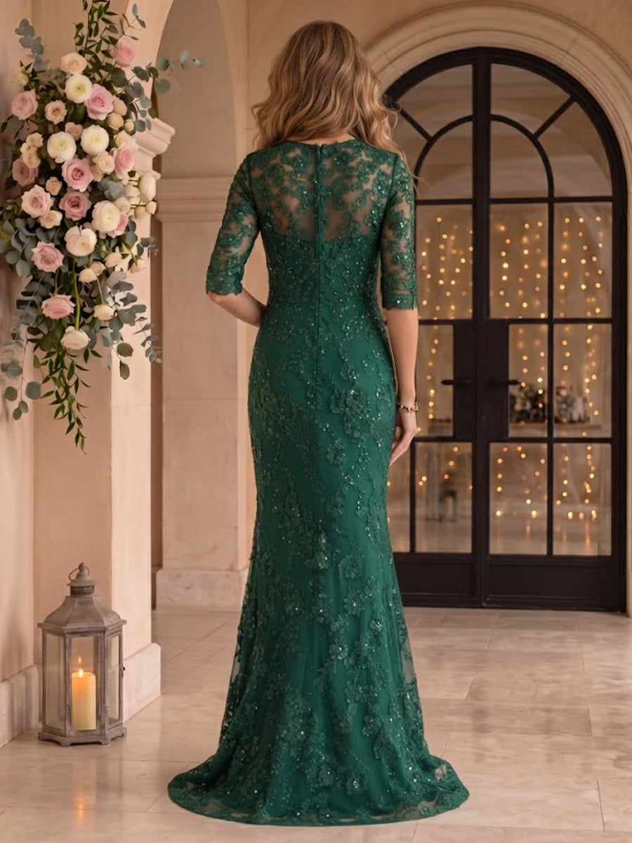 Jewel Sequin Half Sleeves Mermaid Floor Length Mother of the Bride/Groom Dresses