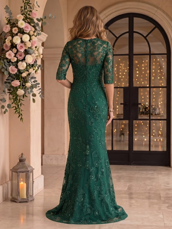 Jewel Sequin Half Sleeves Mermaid Floor Length Mother of the Bride/Groom Dresses