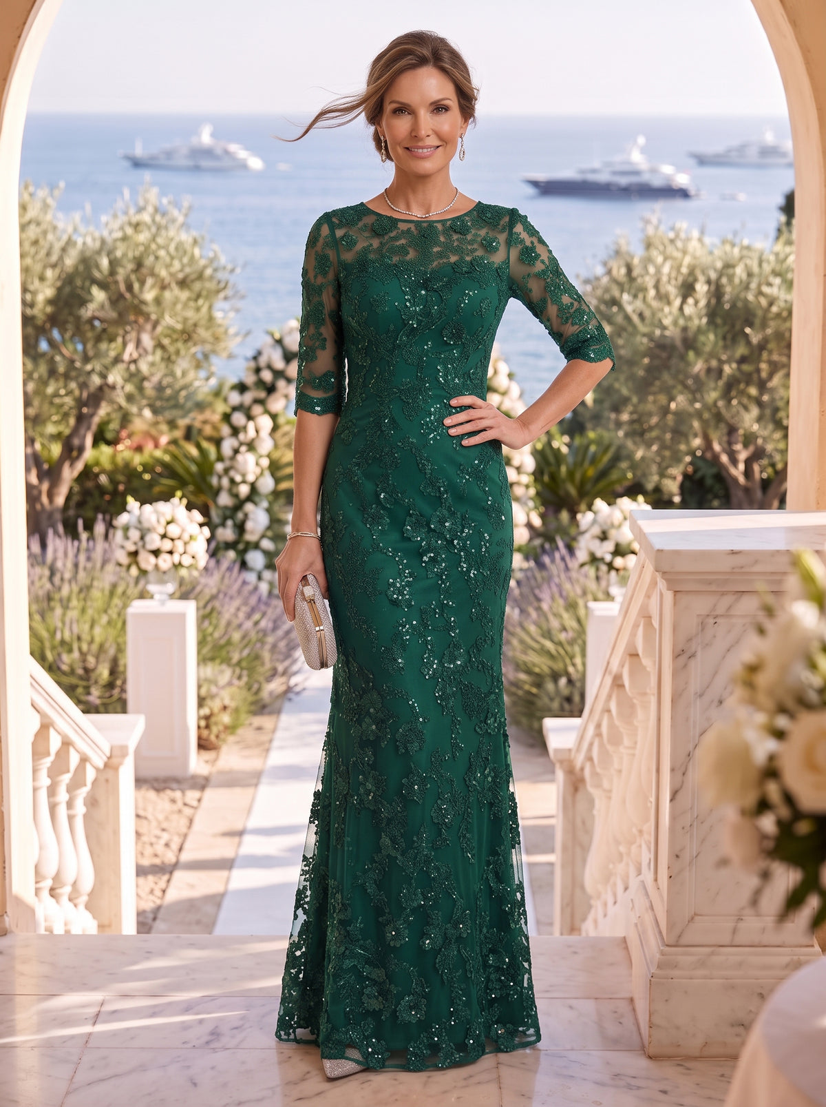 Jewel Sequin Half Sleeves Mermaid Floor Length Mother of the Bride/Groom Dresses