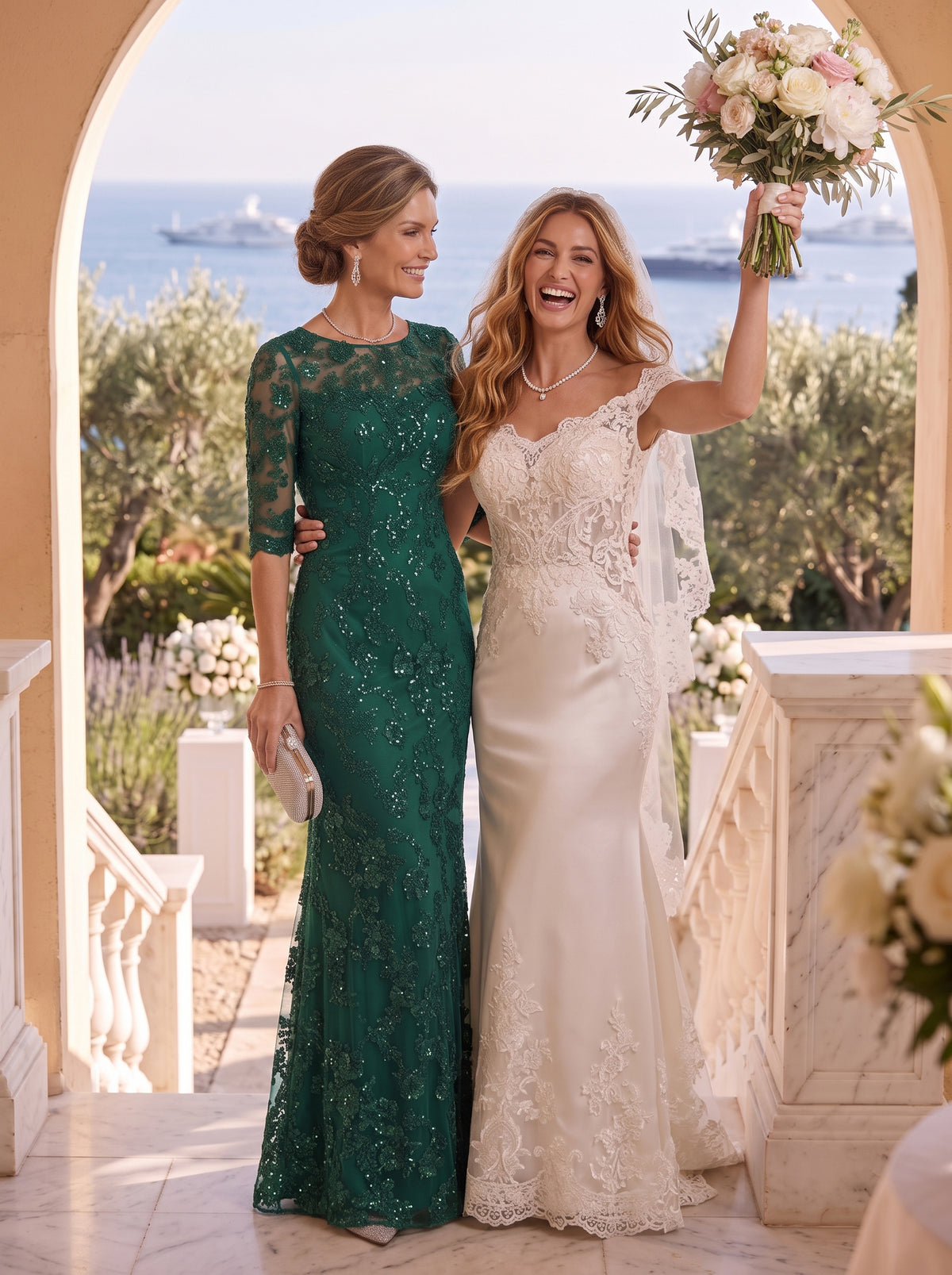 Jewel Sequin Half Sleeves Mermaid Floor Length Mother of the Bride/Groom Dresses
