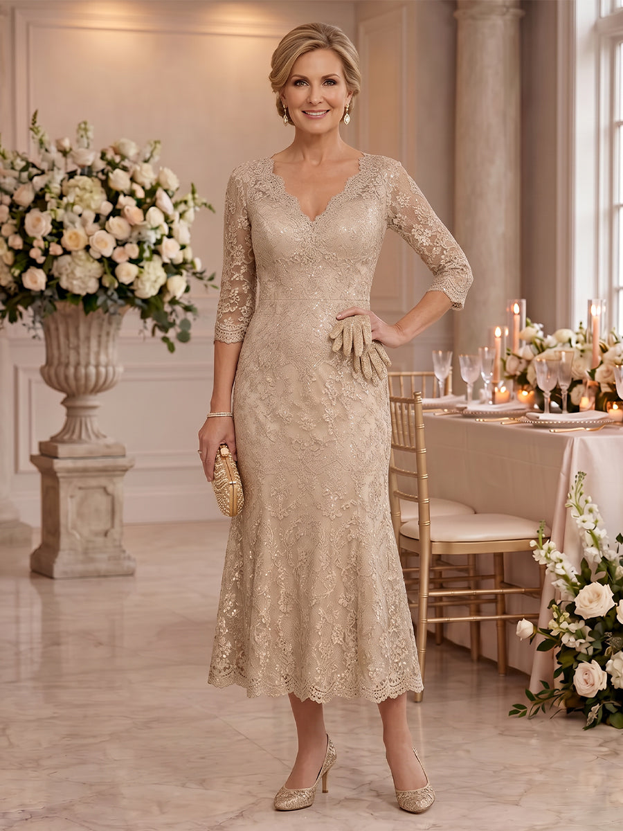 Tea Length Lace Long Sleeves Mermaid Mother of the Bride/Groom Dresses