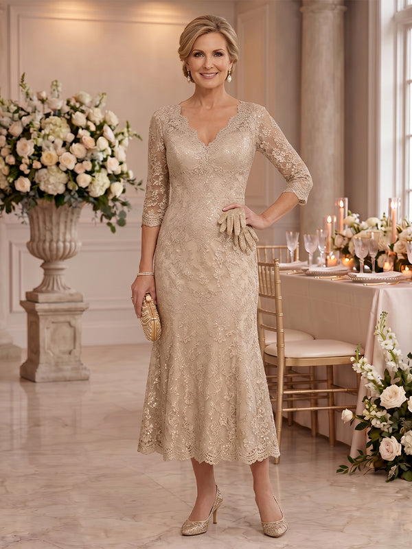 Tea Length Lace Long Sleeves Mermaid Mother of the Bride/Groom Dresses