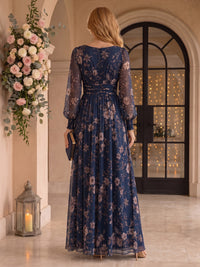 A Line Floral Print V Neck Long Sleeves Floor Length Mother of the Bride Dresses