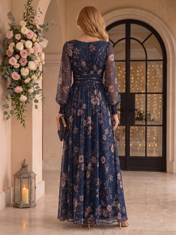 A Line Floral Print V Neck Long Sleeves Floor Length Mother of the Bride Dresses