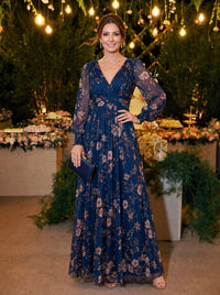 A Line Floral Print V Neck Long Sleeves Floor Length Mother of the Bride Dresses