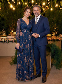 A Line Floral Print V Neck Long Sleeves Floor Length Mother of the Bride Dresses